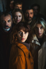 Obraz premium Diverse Group of People Gathers for a Serious Discussion in Dimly Lit Room