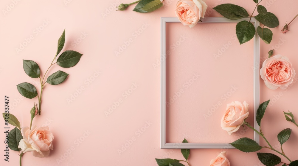 Poster an elegant silver frame with a beautiful rose border, designed in a minimalist style with clean line