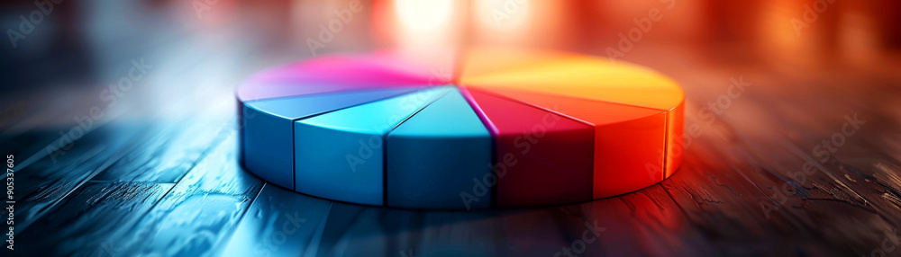 Poster a colorful pie chart on a wooden surface, showcasing data segments with vivid colors, perfect for pr
