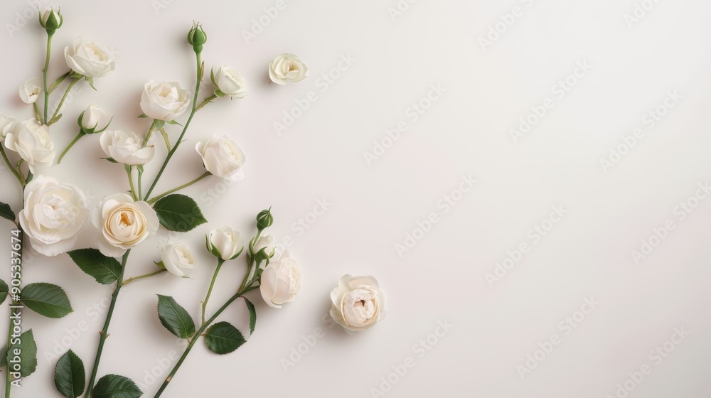 Poster a minimalist white background with a delicate border of white roses, creating an elegant and timeles