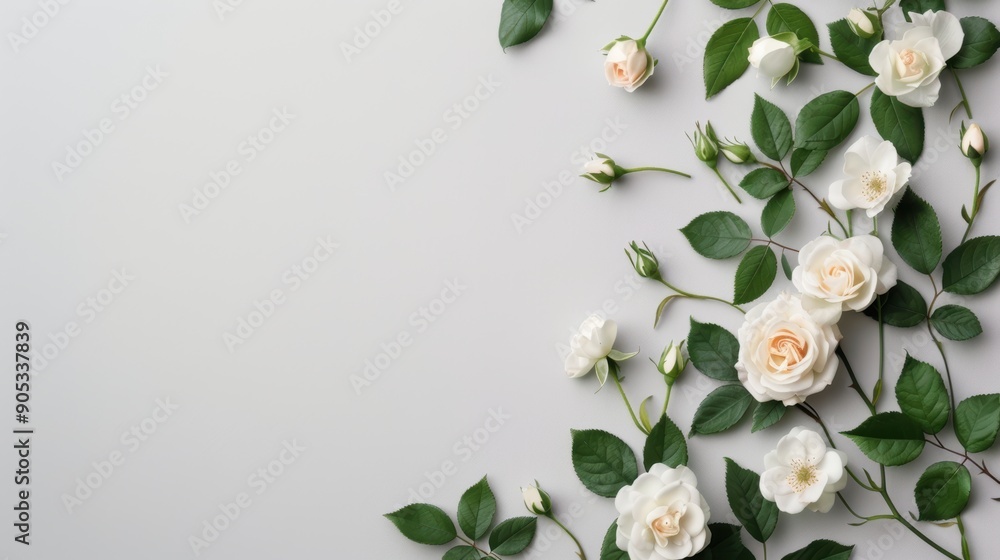 Poster a clean and minimalist white background with a border of intricate white roses, adding a touch of el