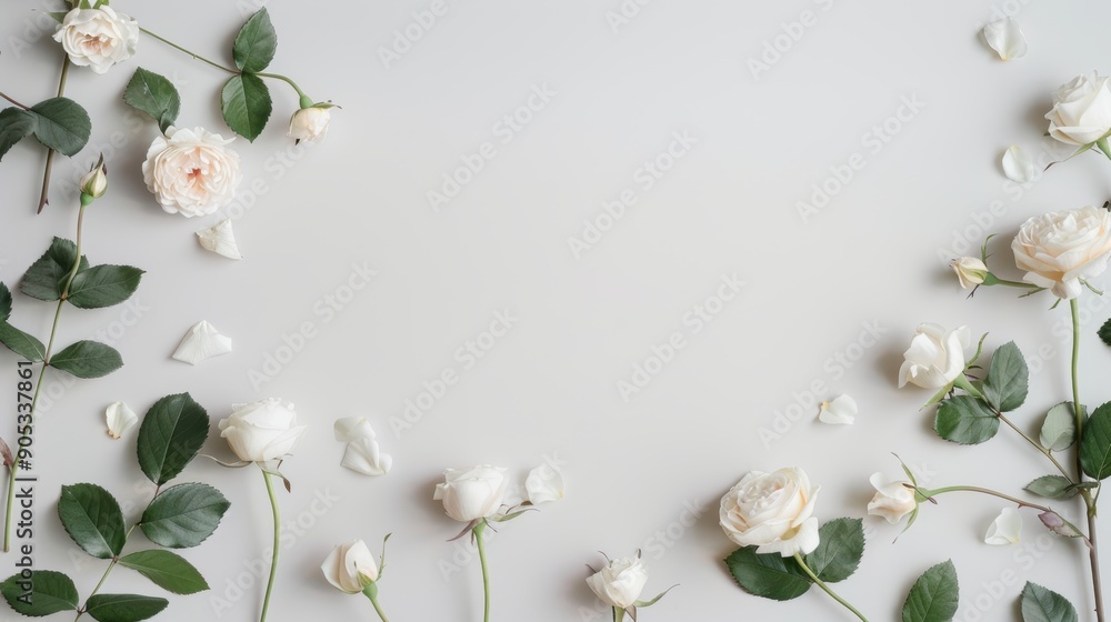 Poster a minimalist white background with a border of white roses, creating a simple yet elegant frame. the