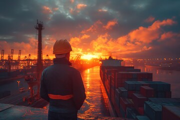 Fototapeta premium Dock Worker Watching Sunset Over Port. Dock worker in a hard hat observes a cargo ship and the bustling port activities during a dramatic sunset.