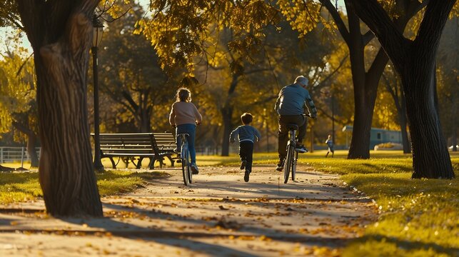 Old man riding bicycle with granddaughter while son running at park : Generative AI