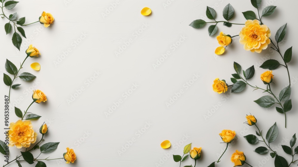 Poster a minimalist composition featuring a border of yellow roses, creating a charming frame around a whit