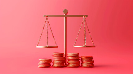A golden scale balances above stacks of coins, symbolizing fairness and financial justice in a vibrant, modern design.