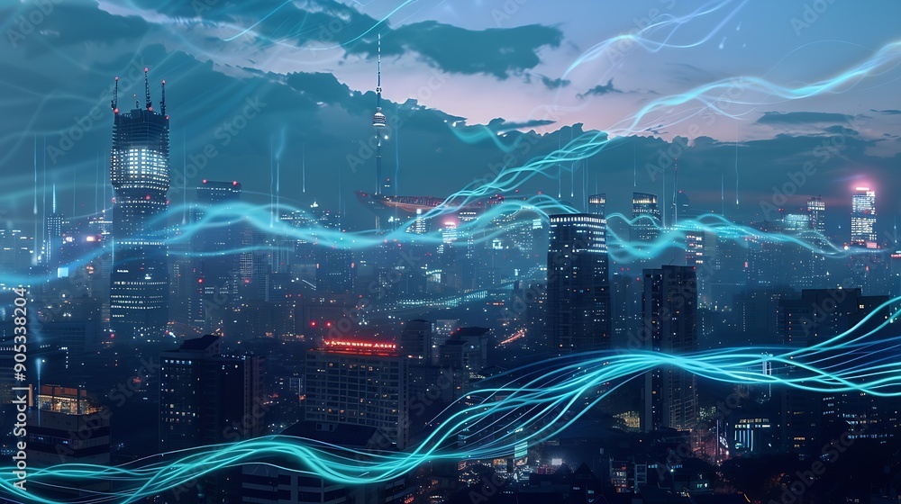 Poster smart city and big data connection technology concept with digital blue wavy wires with antennas on 
