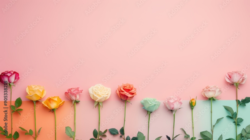 Poster a minimalist composition featuring a delicate border of rainbow-colored roses, elegantly framing a b