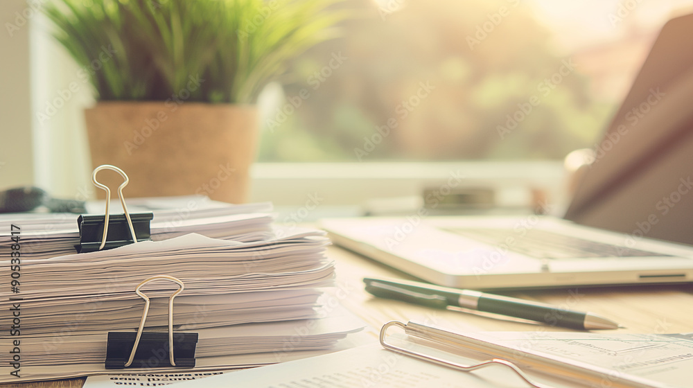 Poster a stack of documents and files on a desk with a pen, binder clips, and a laptop in an office setting