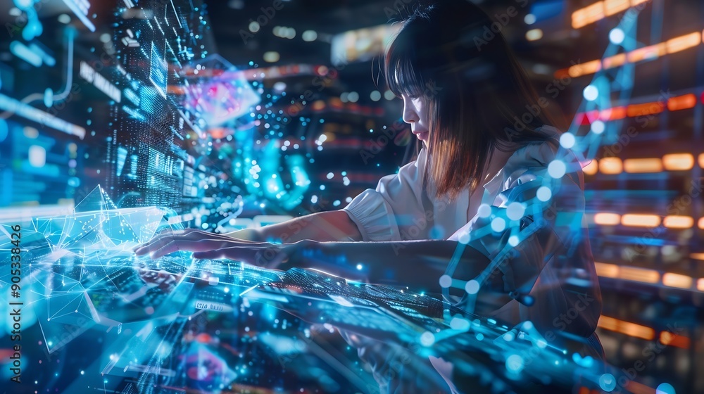 Poster Digital technology internet network connection big data digital marketing IoT internet of things Woman using modern computer surfing internet futuristic metaverse innovative technology : Generative AI