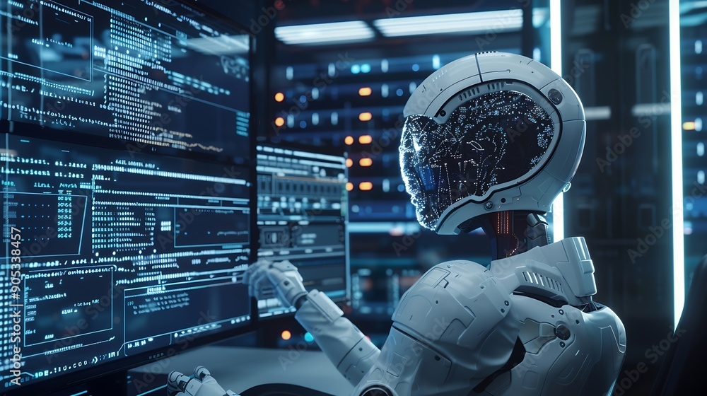 Fototapete Digital technology software development AI Artificial Intelligence concept Computer programmer or software engineer programming with computer code and cloud computing technology backgr : Generative AI