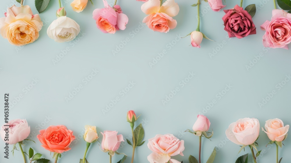 Poster an enchanting border of rainbow roses, arranged in a minimalist style to create a stunning frame aro