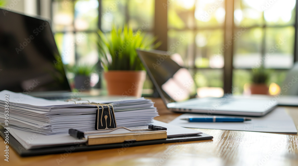Poster a stack of documents and files on a desk with a pen, binder clips, and a laptop in an office setting