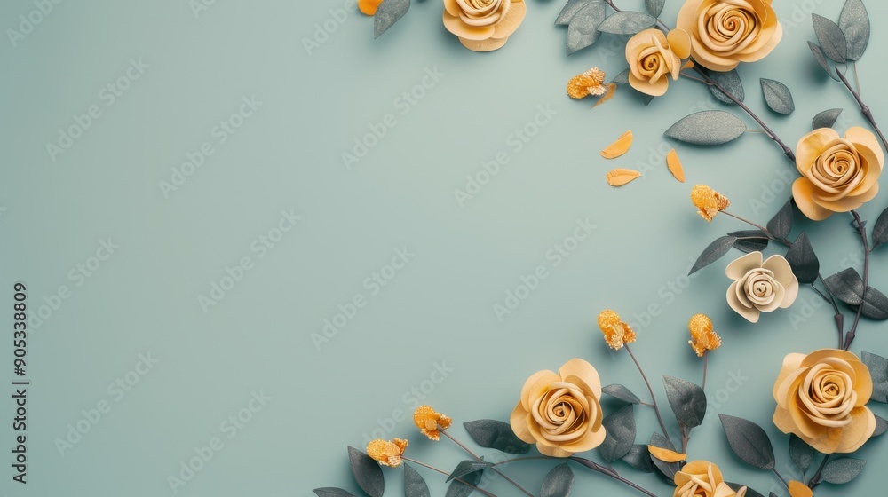 Poster a sophisticated and luxurious border of golden roses, framing a minimalist composition with clean li