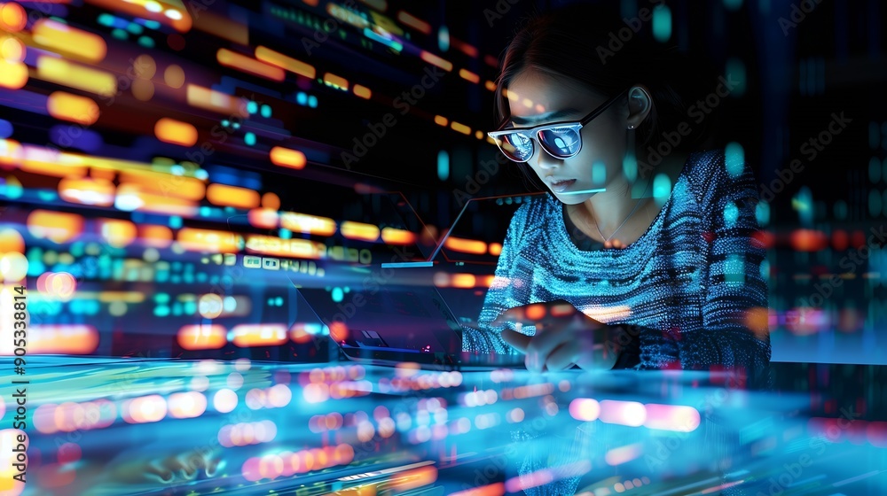 Aufkleber Software coding hologram and woman on tablet thinking of data analytics digital technology and night overlay Programmer or IT person in glasses on 3d screen programming and cybersecuri : Generative AI