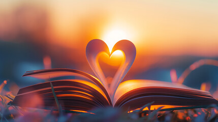 An open book with pages shaped into a heart against a vibrant sunset, symbolizing love and reading.