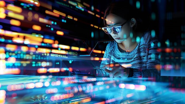 Software coding hologram and woman on tablet thinking of data analytics digital technology and night overlay Programmer or IT person in glasses on 3d screen programming and cybersecuri : Generative AI