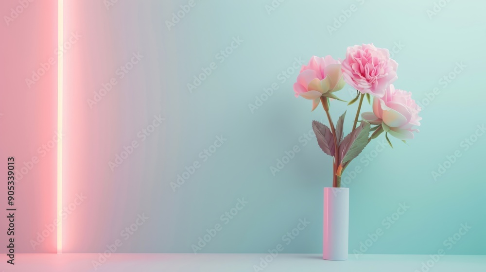 Poster a minimalist composition featuring a neon rose border, with soft, blurred edges adding a dreamy and 