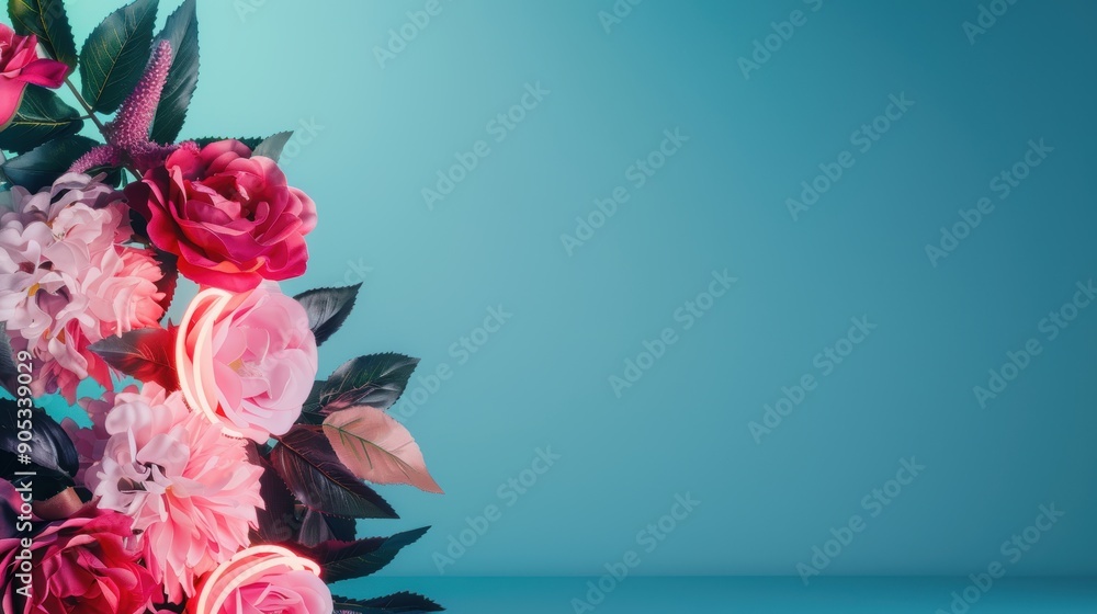 Poster an elegant and stylish design featuring a neon rose border against a dark background, creating a str