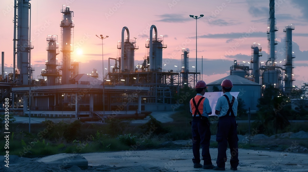Poster Engineer survey team wear uniform and helmet stand workplace checking blueprint project  radio communication and engineer box inspection work construction site with oil refinery backgr : Generative AI