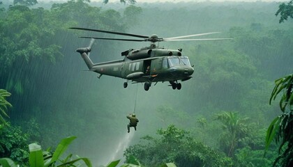 Fototapeta premium A military helicopter hovering above a dense Vietnamese jungle in heavy rain, with soldiers rappelling down into the thick greenery below. 