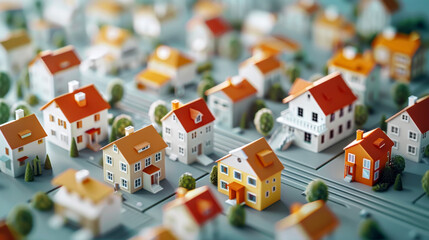 A vibrant miniature cityscape showcasing detailed model houses with colorful roofs and lush greenery, perfect for design projects.
