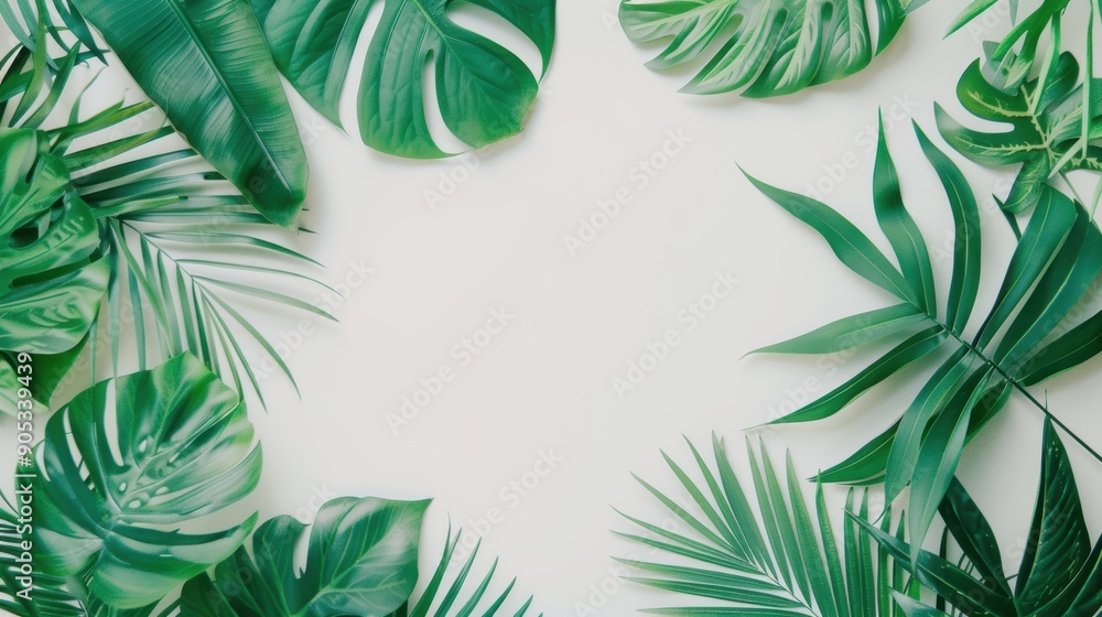 Poster a white background framed by a vibrant green foliage border, creating a clean and minimalistic look.