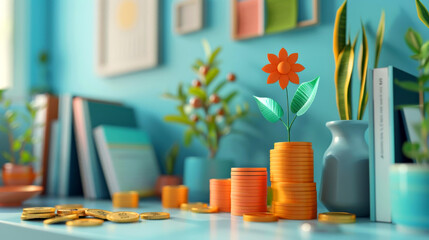 A vibrant scene featuring stacked coins and a colorful flower, symbolizing growth, prosperity, and financial success.