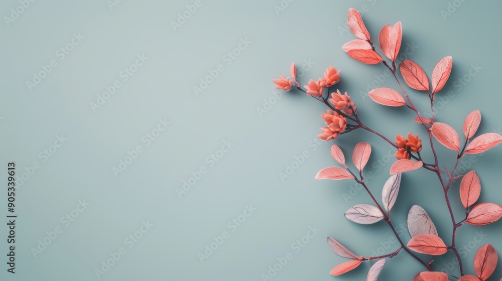 Poster a minimalist design with a gray background and a delicate foliage border, offering ample copy space 