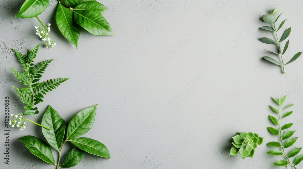Poster a simple and elegant composition featuring a gray backdrop and a subtle foliage border, perfect for 
