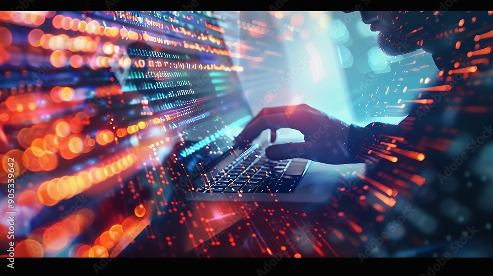 Fototapete Data processing digital technology software development concept Computer programmer software engineer working on laptop with data exchange code Ai Aritificial intelligence : Generative AI