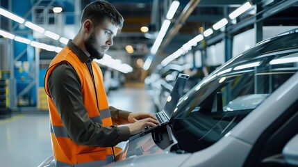 Car Factory Engineer in High Visibility Vest Using Laptop Computer Automotive Industrial Manufacturing Facility Working on Vehicle Production with Robotic Arms Technology Automated Ass : Generative AI