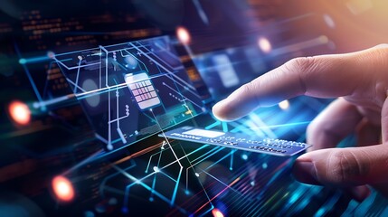 Secure Online Payment Transaction Process concept Person confirming a secure online payment using a credit card through a digital interface with verification tick symbol Internet banki : Generative AI