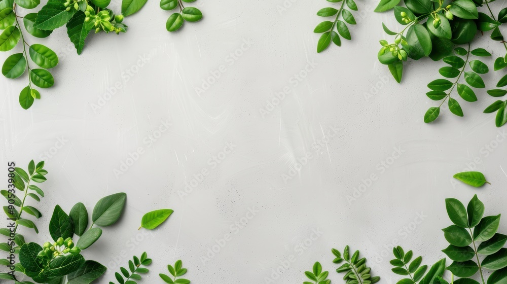 Poster a clean and minimalist gray background with an understated foliage border, providing ample copy spac