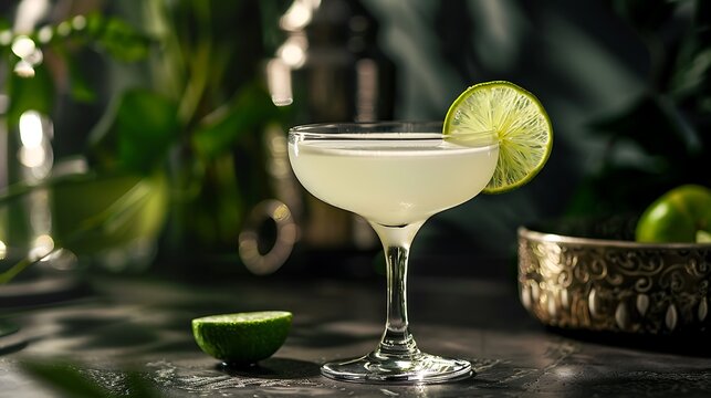 Daiquiri with a lime wheel, served in a chilled coupe glass, classic and refreshing