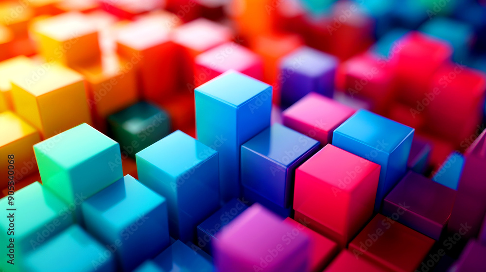Poster abstract composition of colorful cubes in vibrant hues, creating a modern and dynamic visual scene.