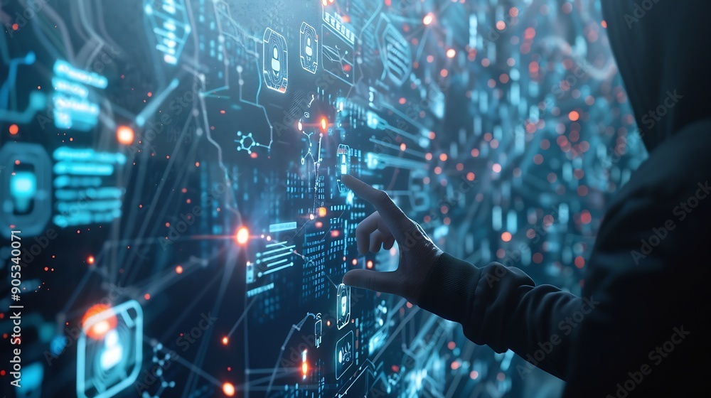 Poster A person interacting with a futuristic holographic interface featuring digital data and connections on a blue background showcasing technology concept : Generative AI