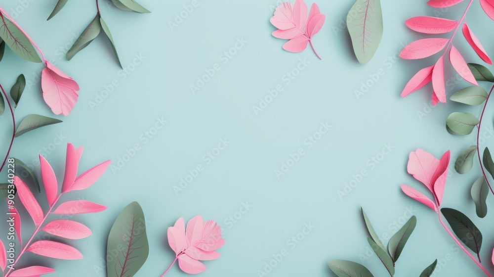 Poster a minimalist design featuring a delicate pink foliage border with ample copy space in the center, pe