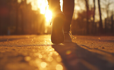 A person walking on a sunlit path surrounded by lush greenery during sunrise.
