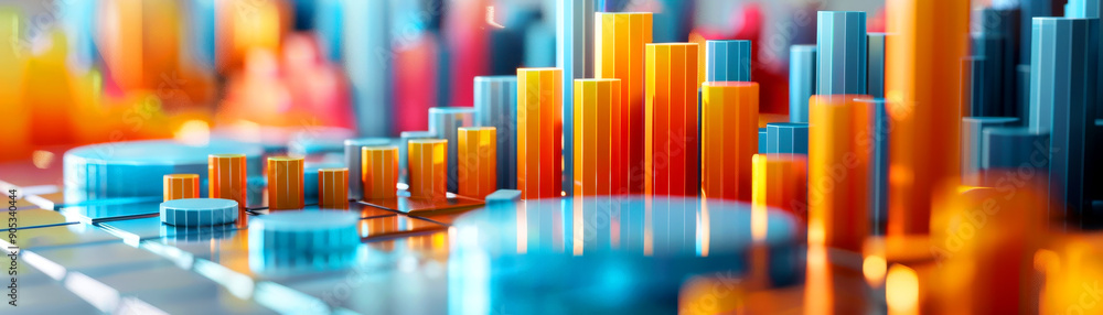 Poster colorful 3d charts and graphs representing data analysis and statistics in a vibrant business enviro