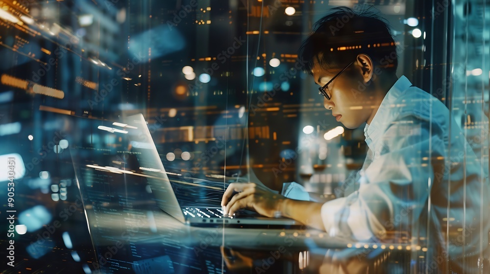 Poster Serious business man typing on laptop computer and software development online research or information technology App developer or asian person on digital multimedia and office glass r : Generative AI