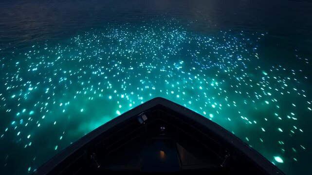 Bioluminescent Plankton Glowing Under Boat in Nighttime Ocean Voyage