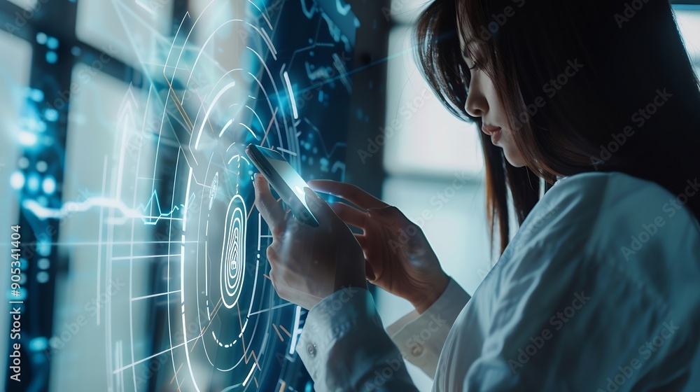Poster Biometrics security system Woman using fingerprint identification to access personal financial data on mobile phone mobile banking app biometrics cyber security technology against digi : Generative AI