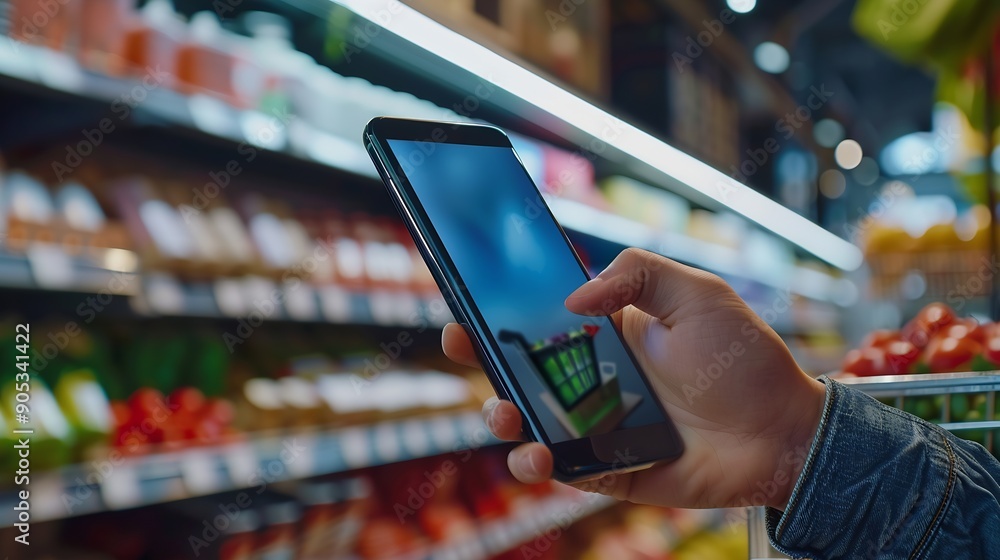 Poster customer add products to cart while online shopping via smart phone on store ecommerce marketing sup