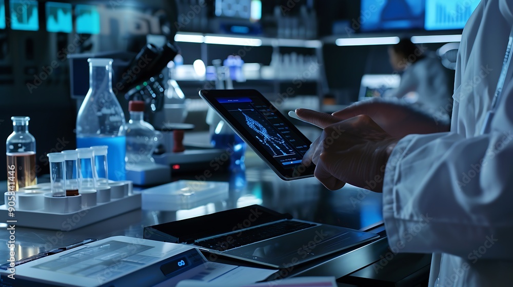 Aufkleber scientist hand tablet and hologram in laboratory with typing chart data and 3d overlay for pharma de