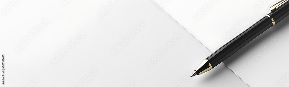 Poster solid white background with business document and pen, ample copy space