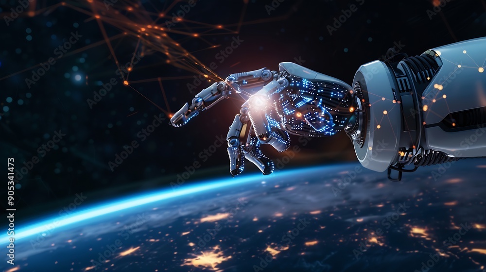 Aufkleber Robot hand with network connection on earth Artificial intelligence and digital technology connection internet big data analytics and business concepts ecommerce social networking AI : Generative AI