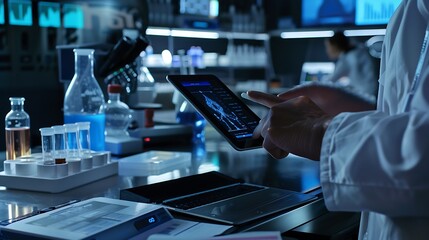 Scientist hand tablet and hologram in laboratory with typing chart data and 3d overlay for pharma development Pharmaceutical person digital touchscreen and press on holographic dashboa : Generative AI