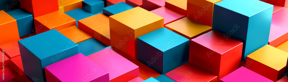 Poster vibrant collection of 3d cubes in various colors, creating an eye-catching abstract background ideal