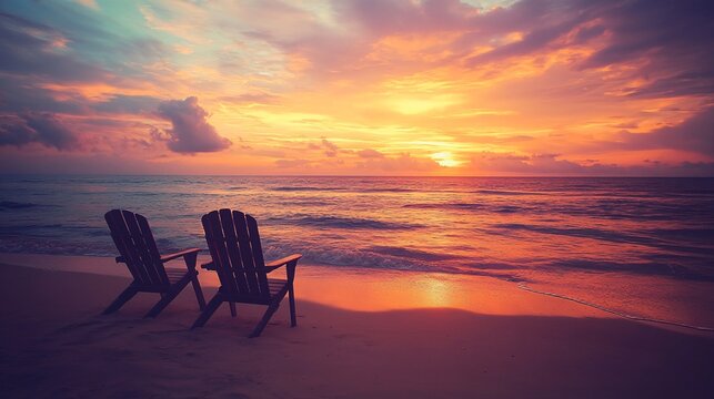 This stock photo features a tranquil beach at sunset with two empty beach chairs positioned near the water's edge. The end of summer is depicted with the sun setting on the horizon, casting long